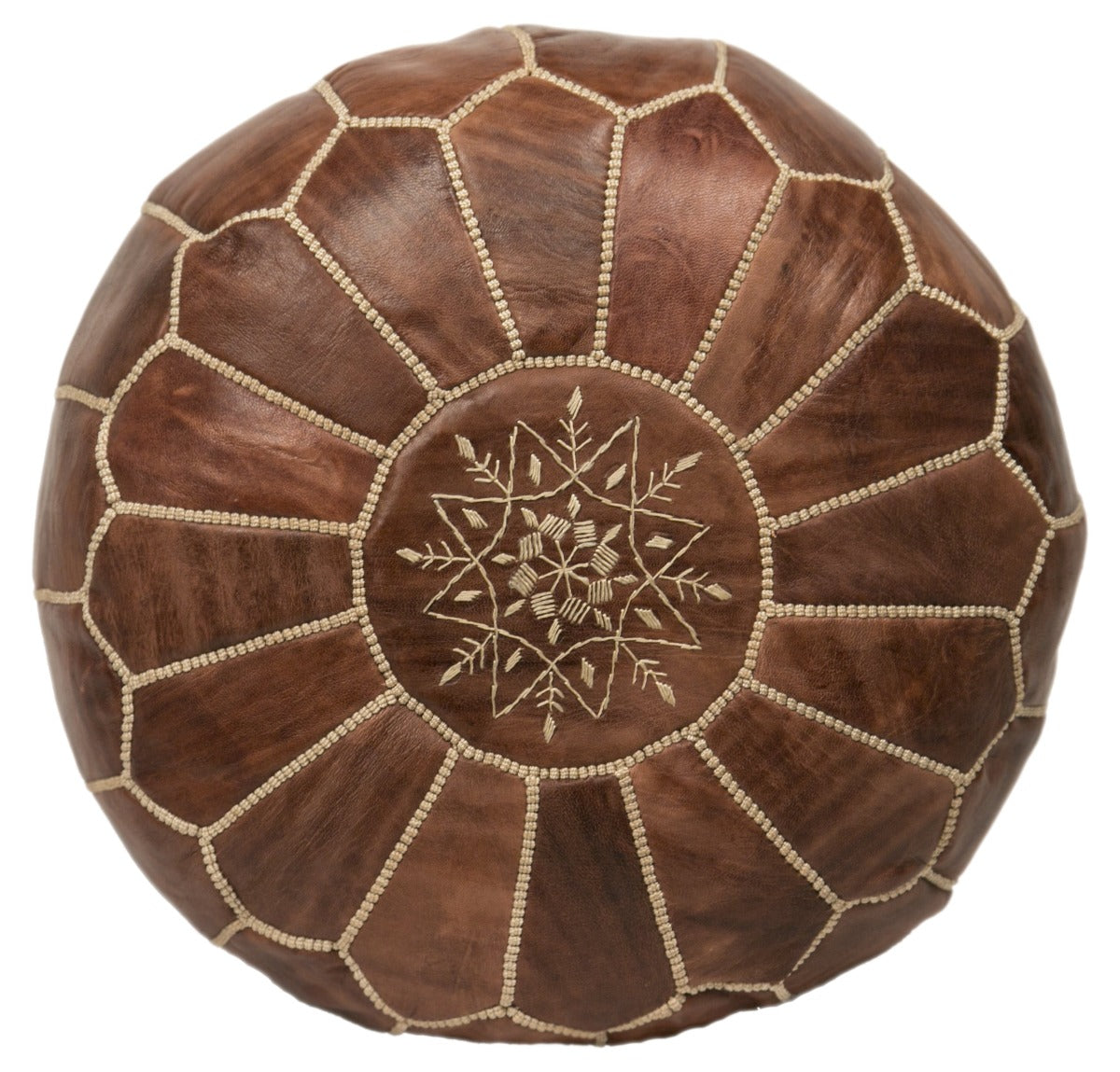 Embroidered Leather Pouf, Chestnut