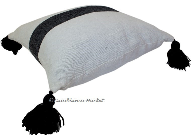 Moroccan Pom Pom Pillow Black on White