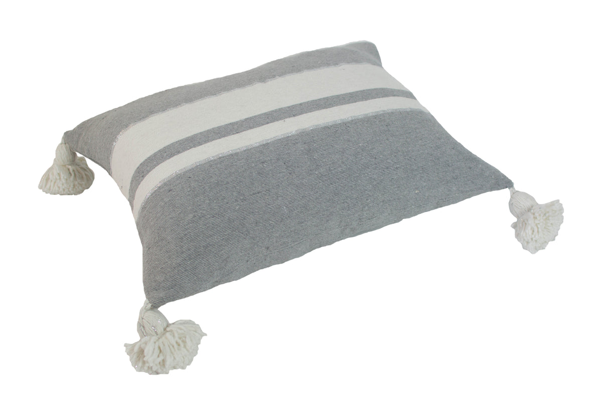 Moroccan Pom Pom Pillow,Silver and White Stripes on Grey with White/Silver Pom Poms