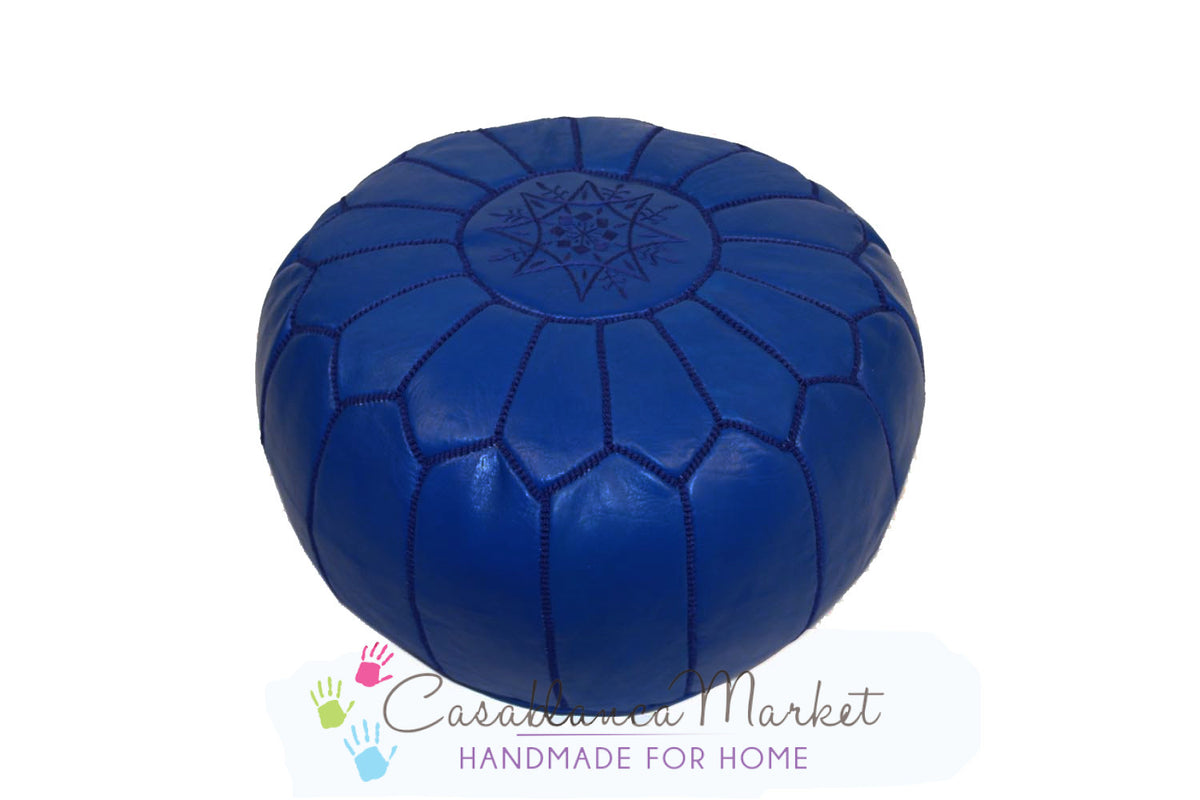 Embroidered Leather Pouf, Dark Blue