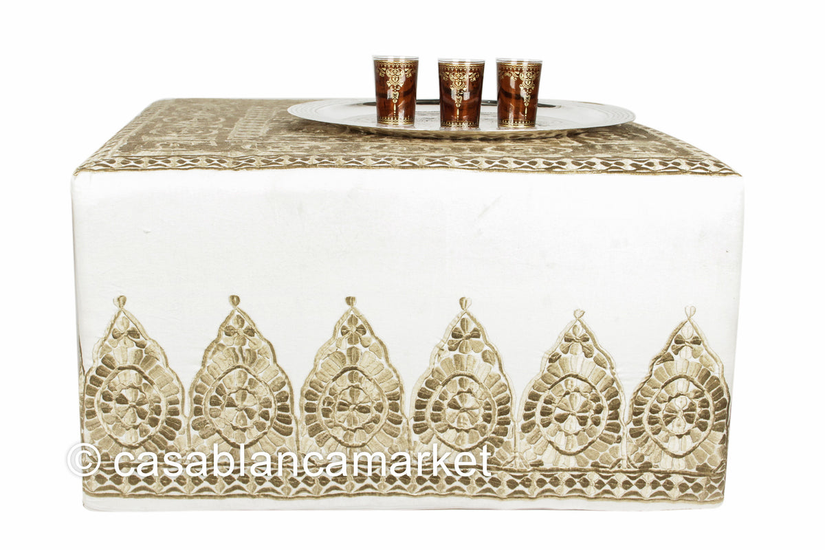 Fez Embroidered Ottoman, Beige/Ivory