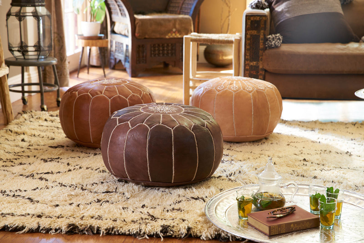 Embroidered Leather Pouf, Brown on Brown