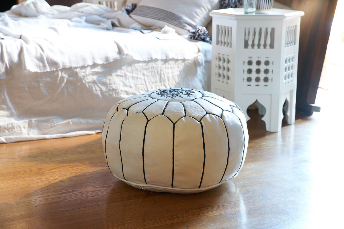 Embroidered Leather Pouf, Black on White