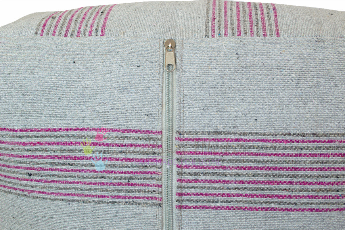Moroccan Fabric Ottoman, Gray and Pink Stripes