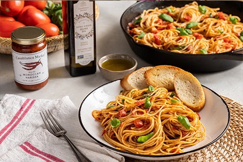 Spaghetti with Moroccan Olive Oil, Harissa, Fresh Tomato and Basil Sauce