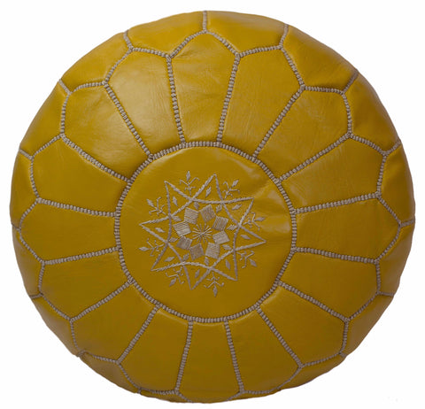 Embroidered Leather Pouf, Mustard
