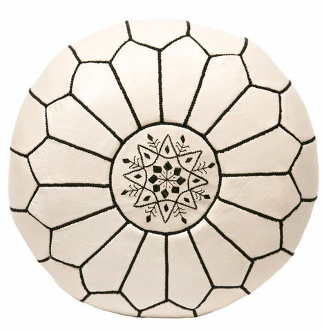 Embroidered Leather Pouf, Black on White