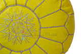Embroidered Leather Pouf, Beige on Bright Yellow