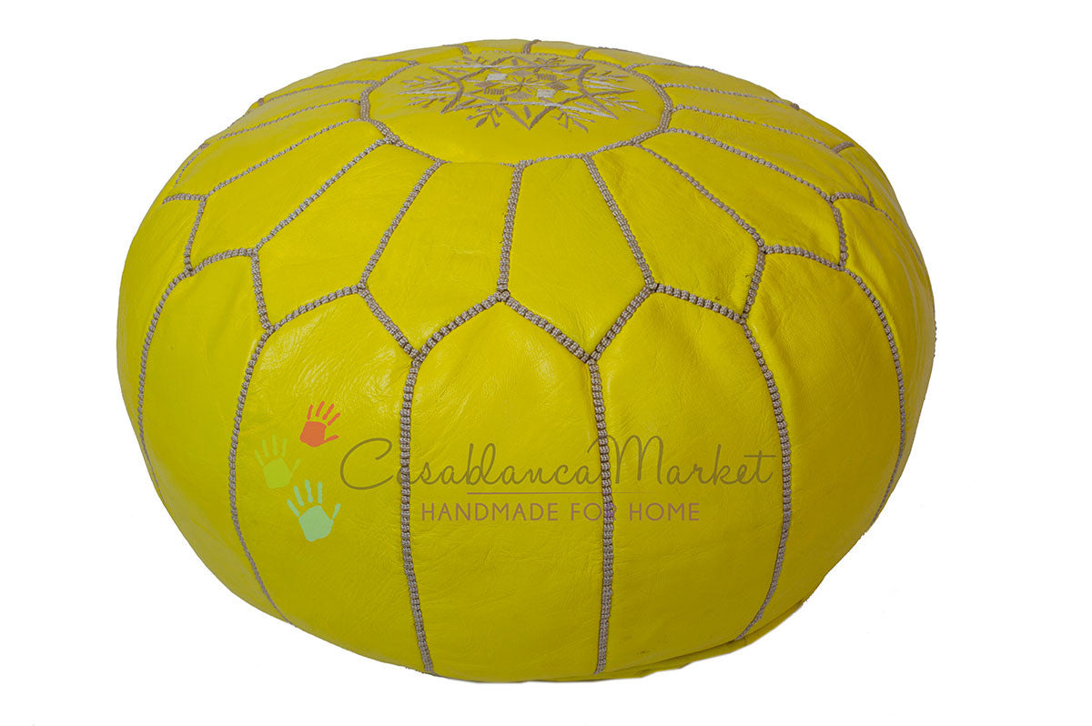 Embroidered Leather Pouf, Beige on Bright Yellow
