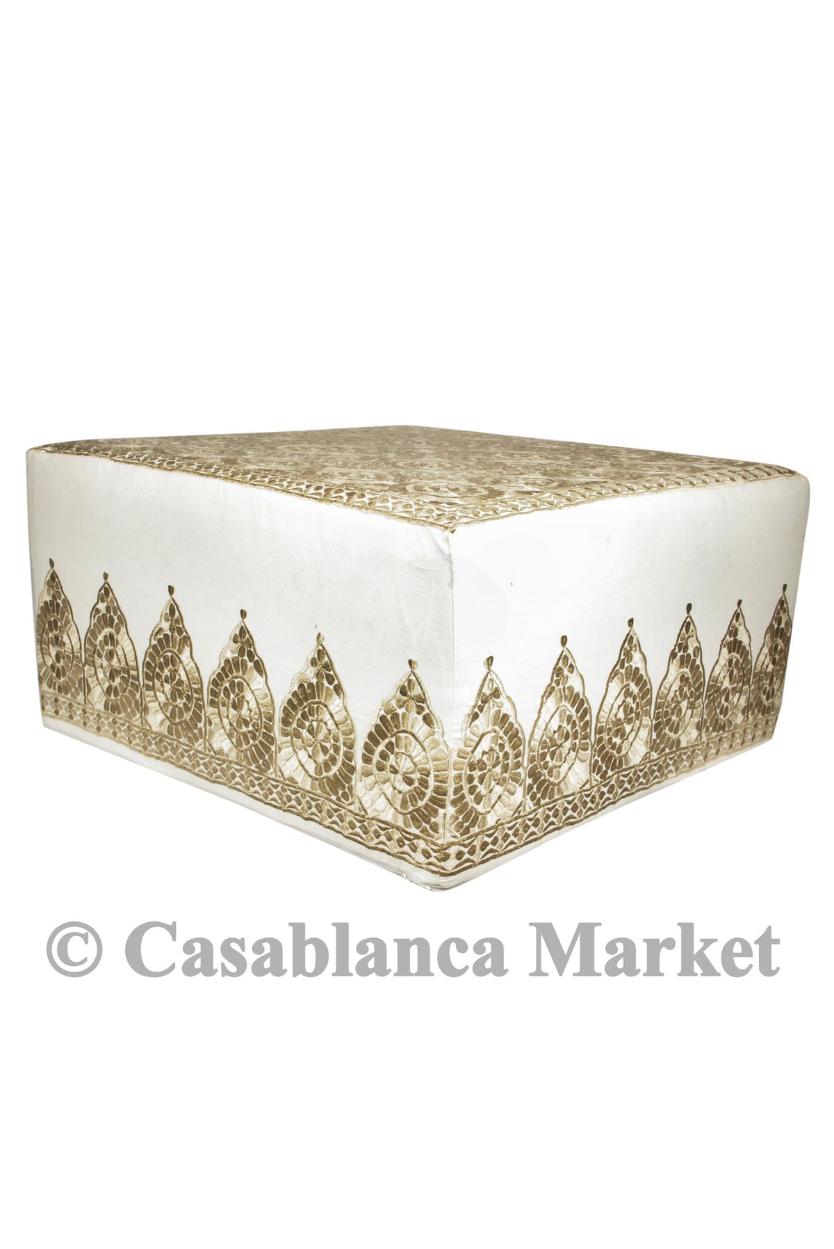 Fez Embroidered Ottoman, Beige/Ivory