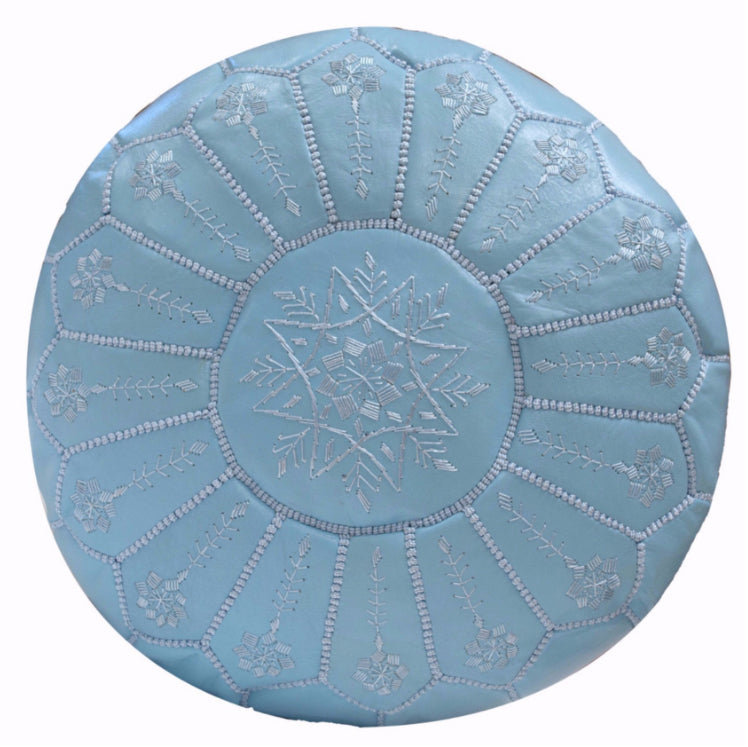 Embroidered Leather Pouf, Baby Blue Starburst Stitch