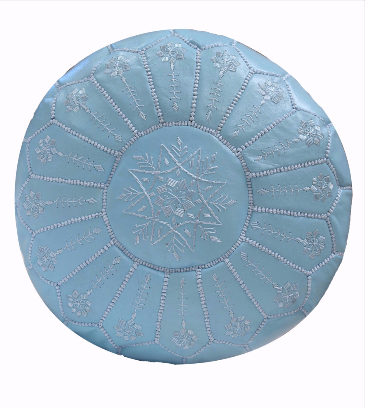 Embroidered Leather Pouf, Baby Blue Starburst Stitch