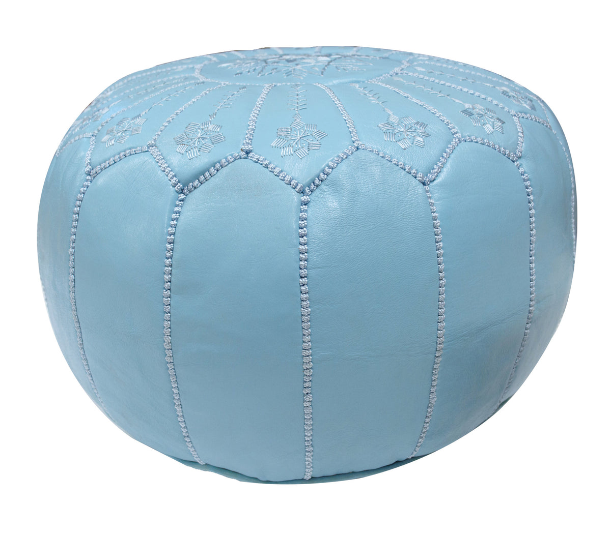 Embroidered Leather Pouf, Baby Blue Starburst Stitch