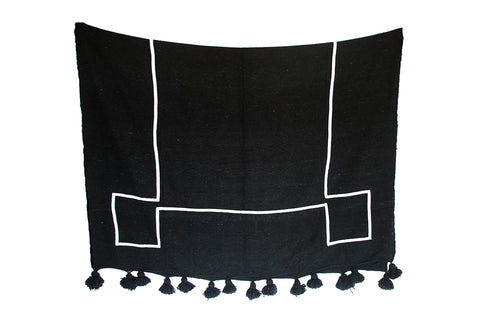 Moroccan Pom Pom Blanket, White on Black