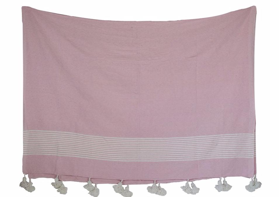 Moroccan Pom Pom Blanket, White Stripes on Pink with White Pom Poms