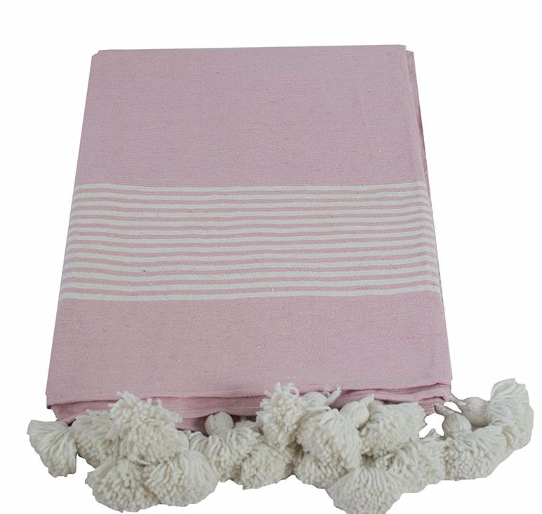 Moroccan Pom Pom Blanket, White Stripes on Pink with White Pom Poms