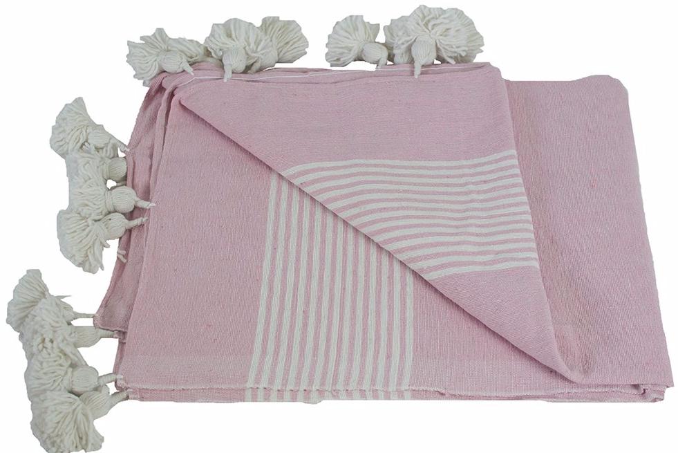Moroccan Pom Pom Blanket, White Stripes on Pink with White Pom Poms