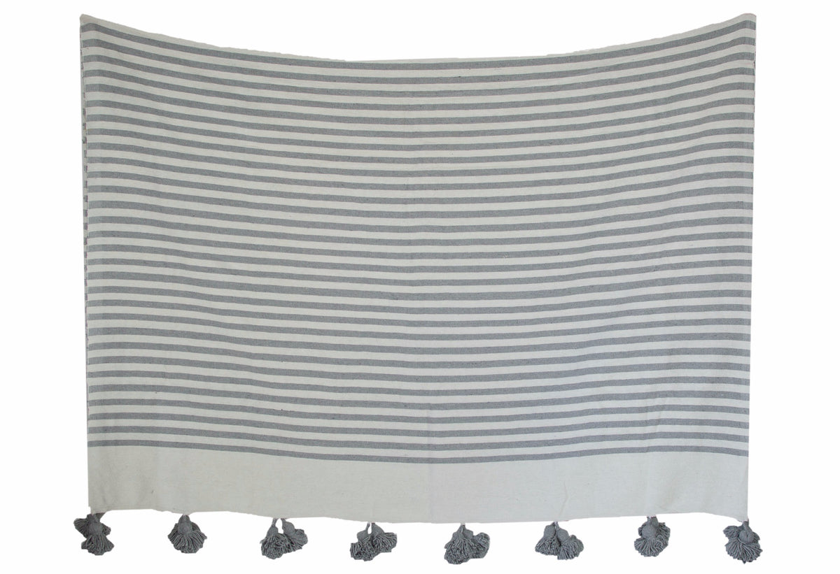 Moroccan Pom Pom Blanket, Grey and White Stripes with Grey Pom Poms