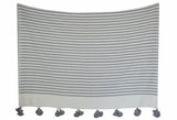 Moroccan Pom Pom Blanket, Grey and White Stripes with Grey Pom Poms