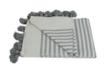 Moroccan Pom Pom Blanket, Grey and White Stripes with Grey Pom Poms