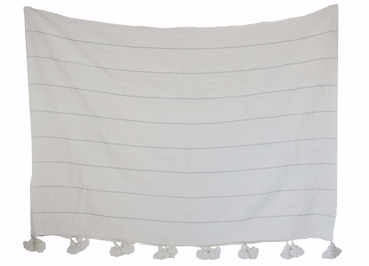 Moroccan Pom Pom Blanket, Silver on White with White Pom Poms