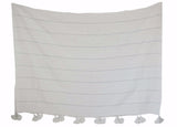 Moroccan Pom Pom Blanket, Silver on White with White Pom Poms
