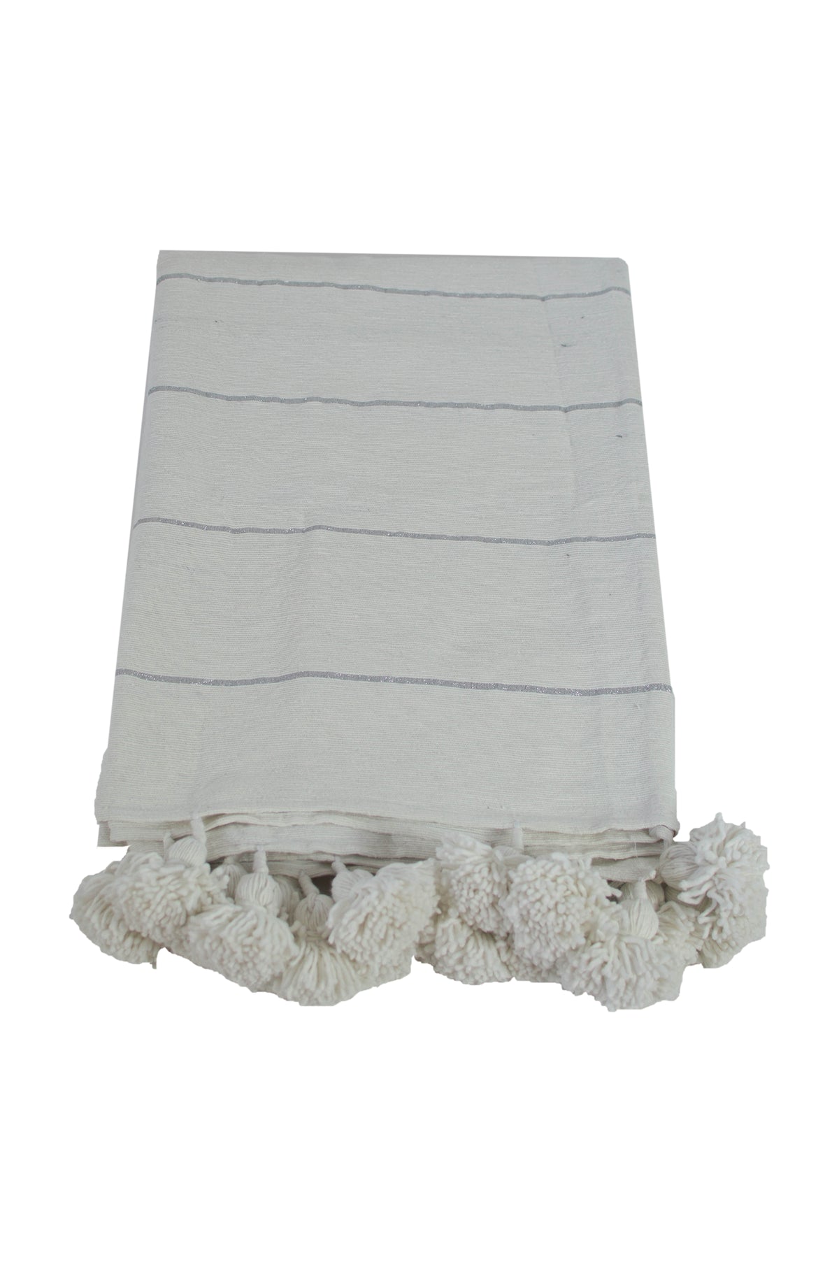 Moroccan Pom Pom Blanket, Silver on White with White Pom Poms