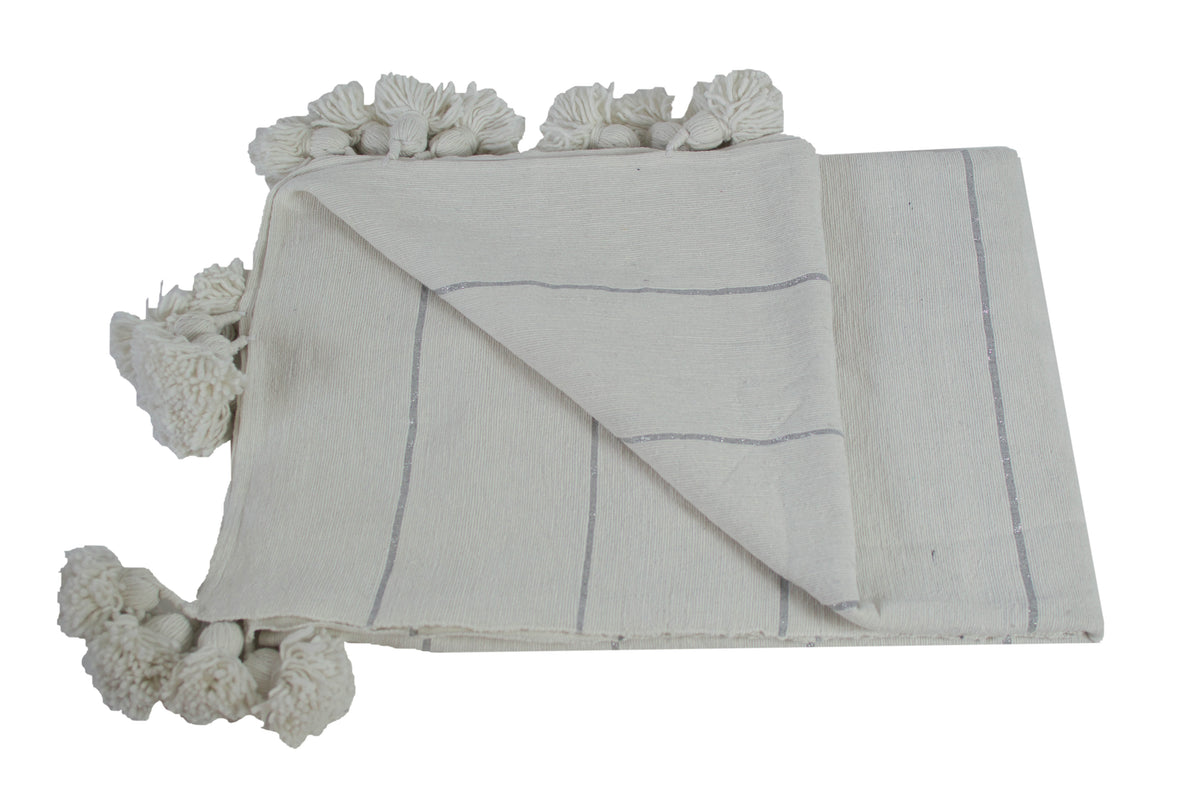 Moroccan Pom Pom Blanket, Silver on White with White Pom Poms