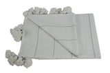 Moroccan Pom Pom Blanket, Silver on White with White Pom Poms