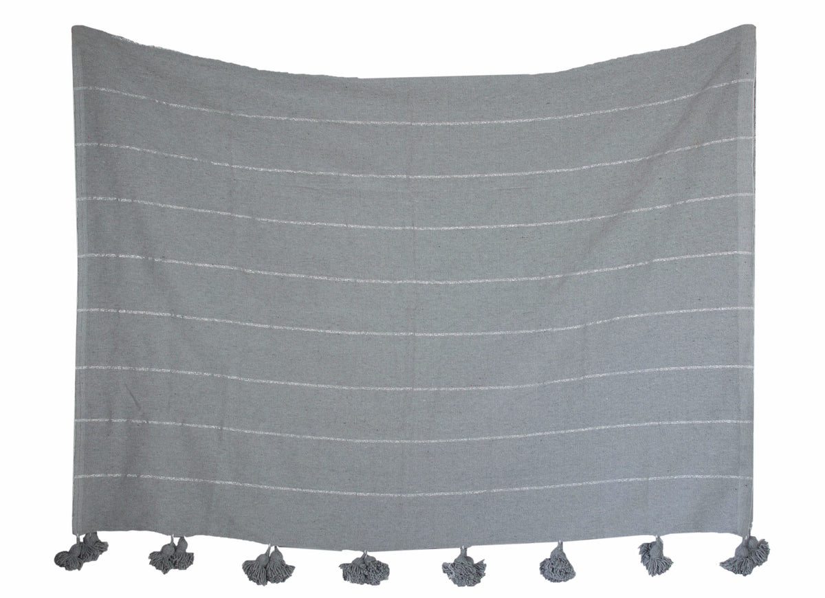 Moroccan Pom Pom Blanket, Silver on Gray with Grey Pom Poms