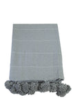 Moroccan Pom Pom Blanket, Silver on Gray with Grey Pom Poms