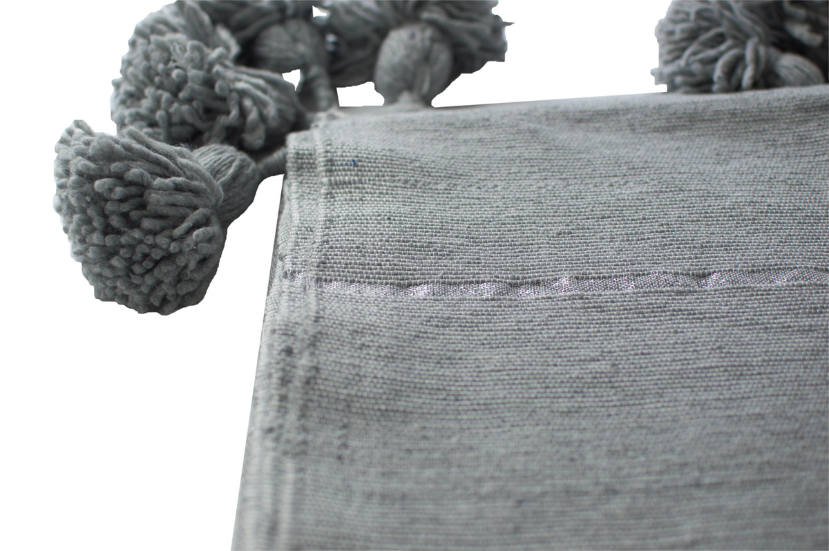 Moroccan Pom Pom Blanket, Silver on Gray with Grey Pom Poms