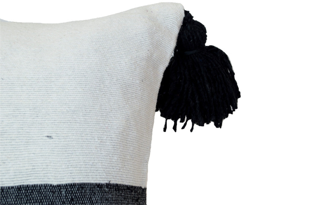 Moroccan PomPom Lumbar Pillow - White with Black Pom Poms