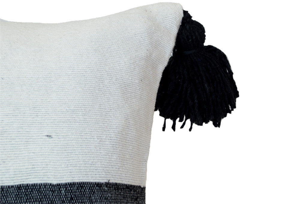 Moroccan Pom Pom Pillow Black on White