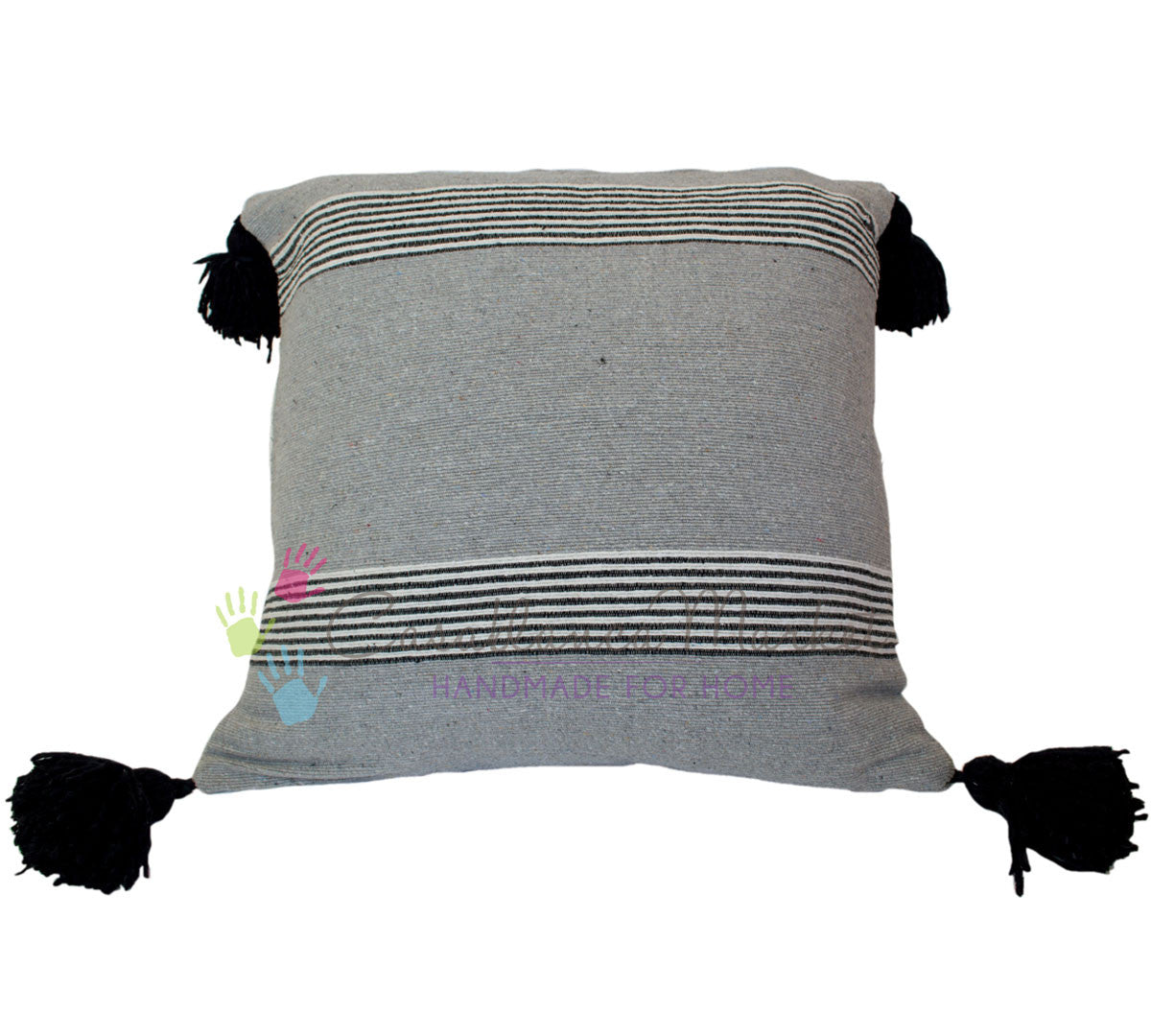 Moroccan Pom Pom Pillow, Black and White Stripes on Gray