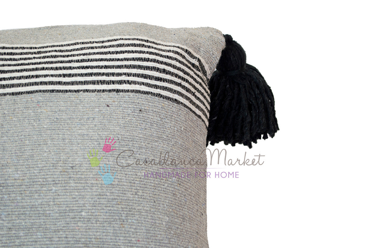 Moroccan Pom Pom Pillow, Black and White Stripes on Gray