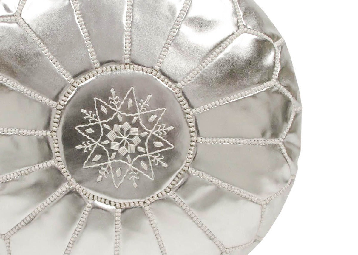 Embroidered Faux Metallic Leather Pouf, Silver on Silver