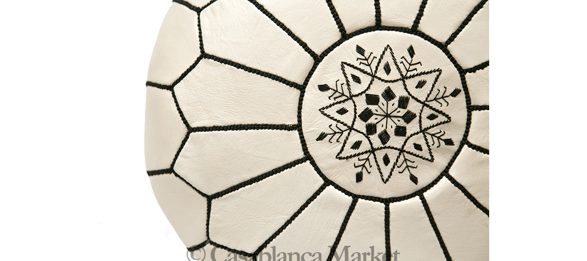 Embroidered Leather Pouf, Black on White