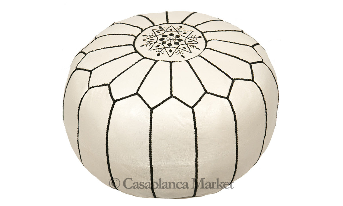 Embroidered Leather Pouf, Black on White