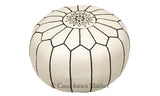 Embroidered Leather Pouf, Black on White