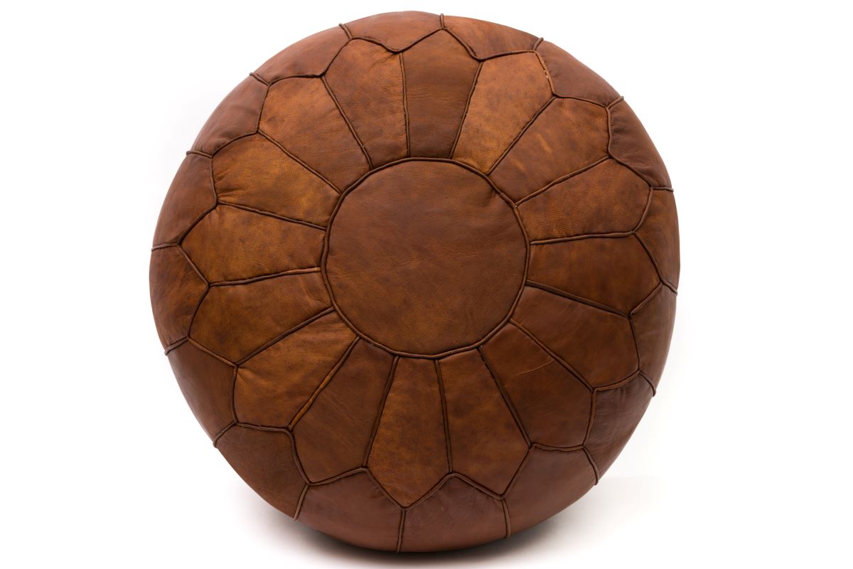 Hand Stitched Leather Pouf, Vintage Brown