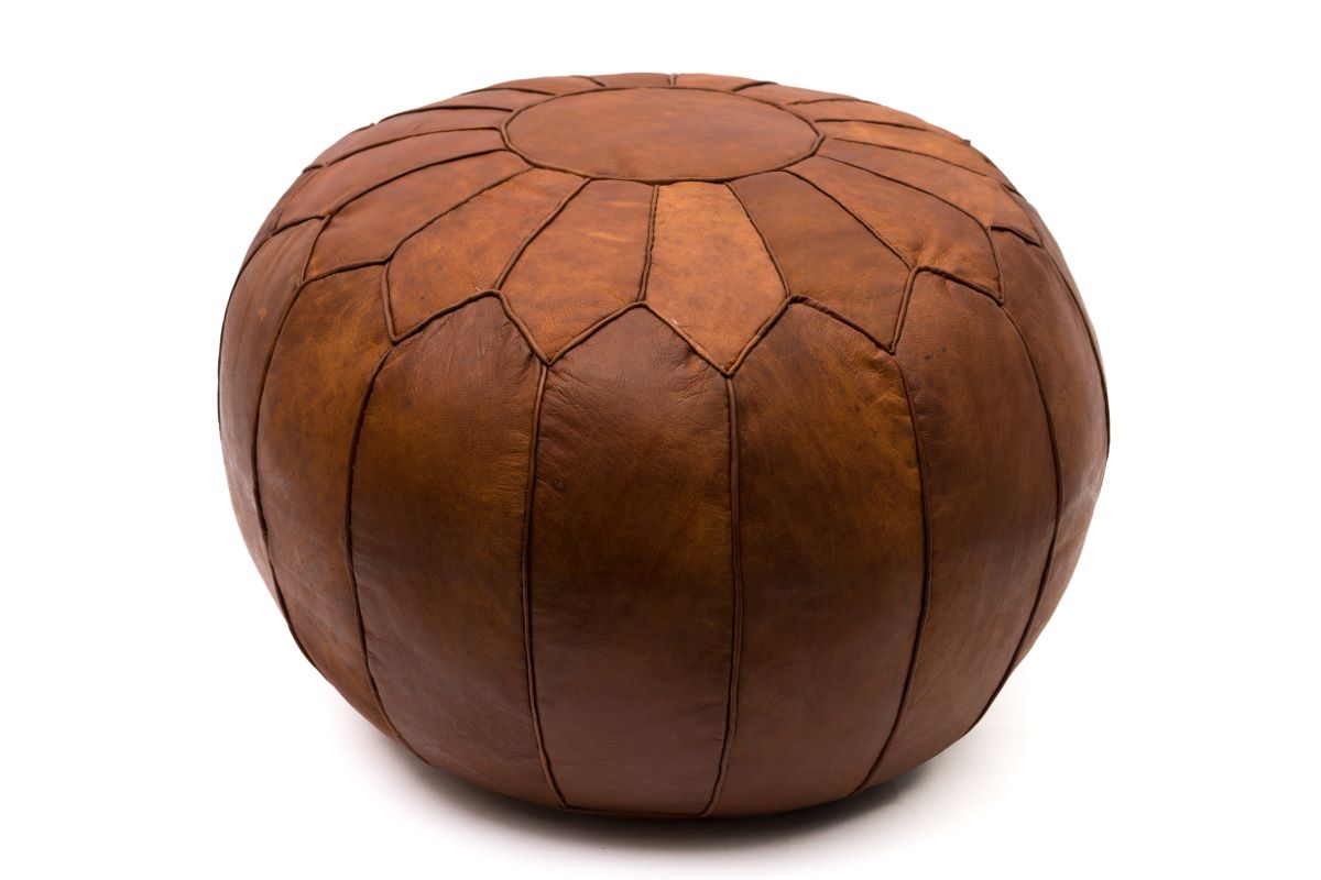 Hand Stitched Leather Pouf, Vintage Brown
