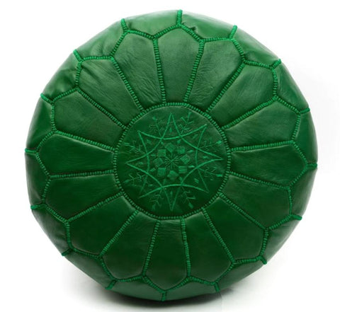 Embroidered Leather Pouf, Green