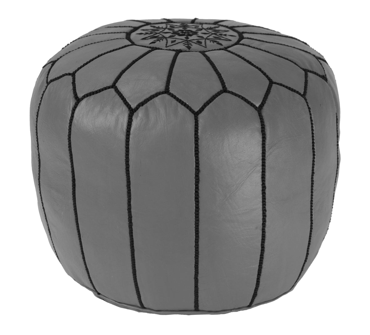 Embroidered Leather Pouf, Black on Grey