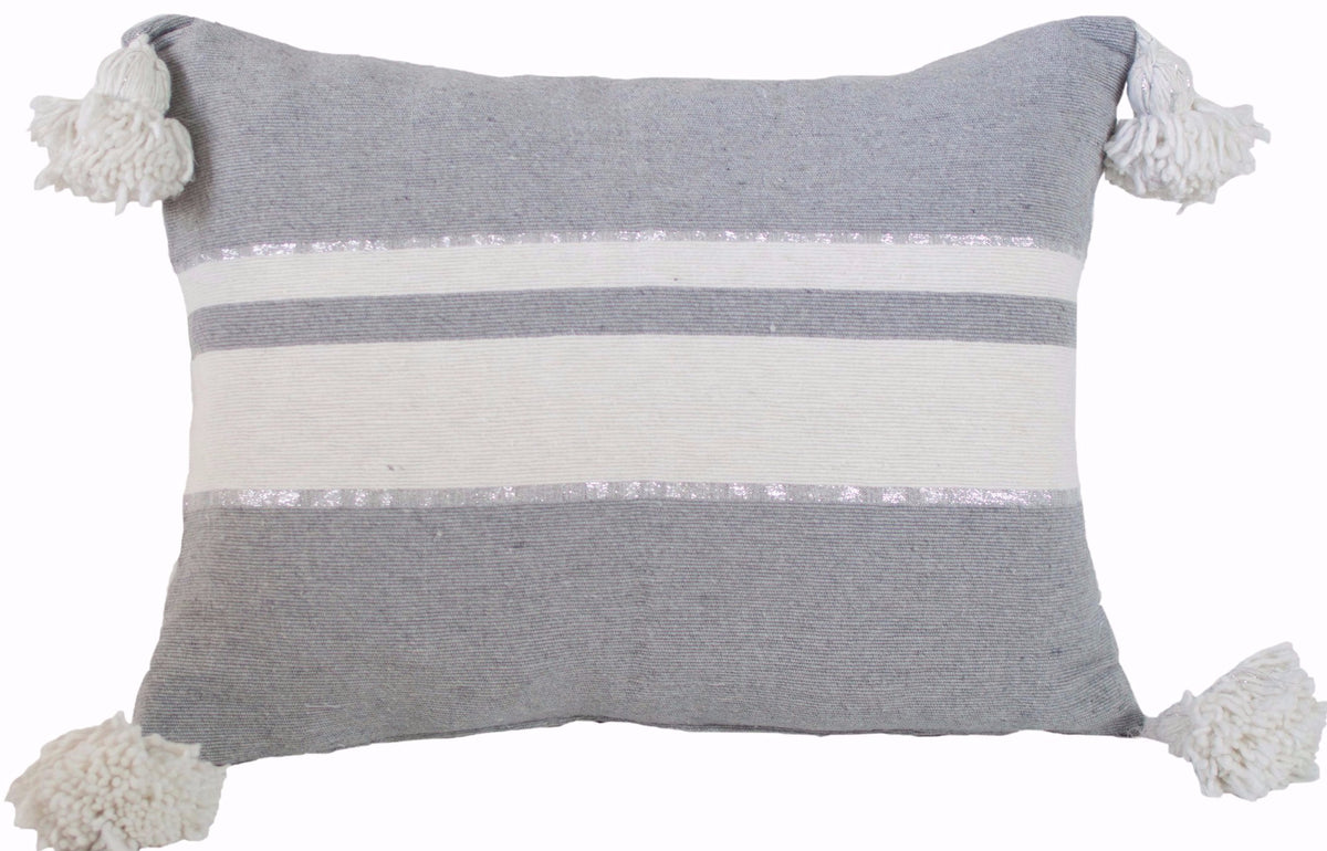 Moroccan Pom Pom Pillow,Silver and White Stripes on Grey with White/Silver Pom Poms