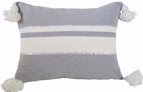 Moroccan Pom Pom Pillow,  Silver and White Stripes on Grey with White/Silver Pom Poms