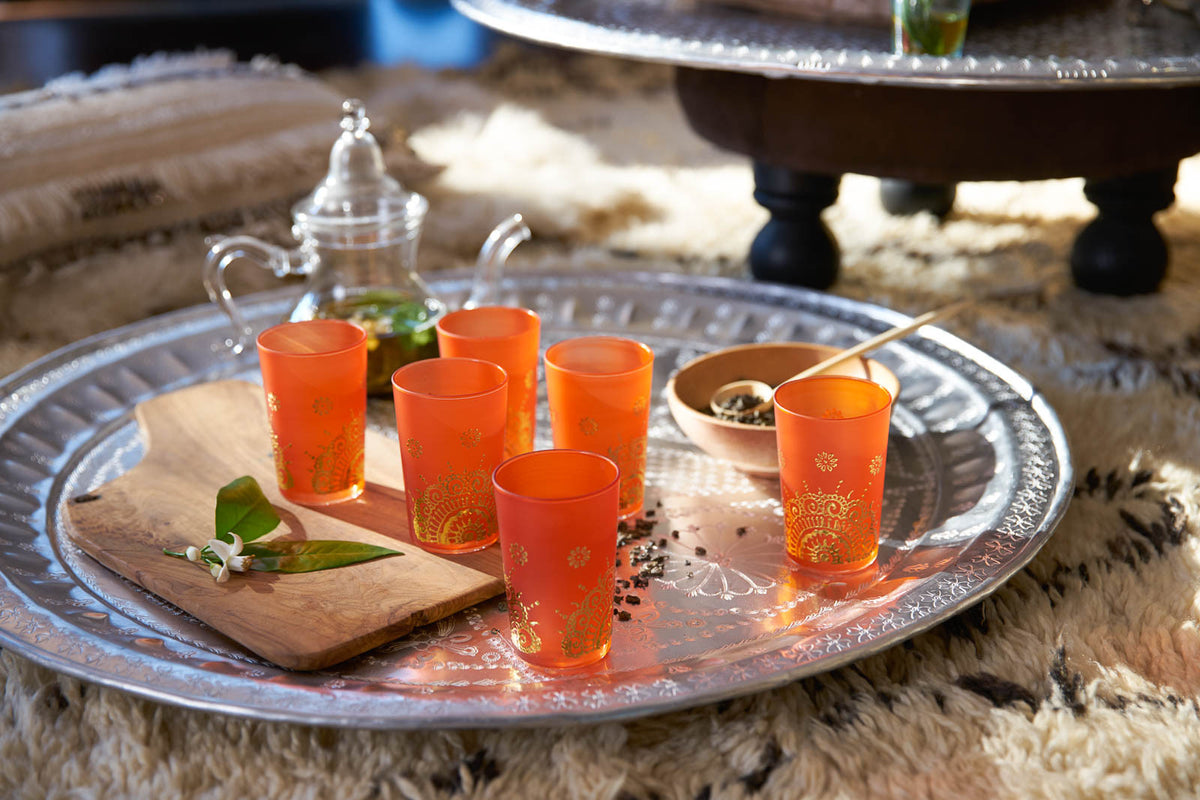 Luxury Ifrane Tea Glasses, Gold in Orange (Set of 6)