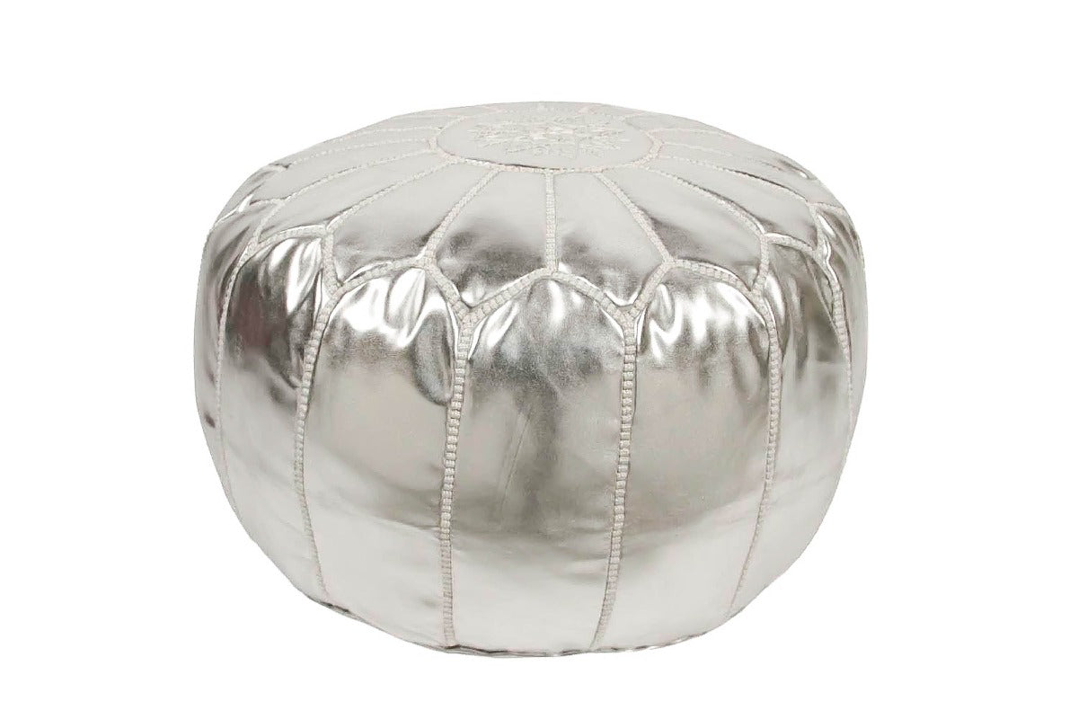 Embroidered Faux Metallic Leather Pouf, Silver on Silver