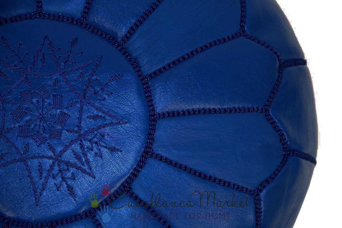 Embroidered Leather Pouf, Dark Blue