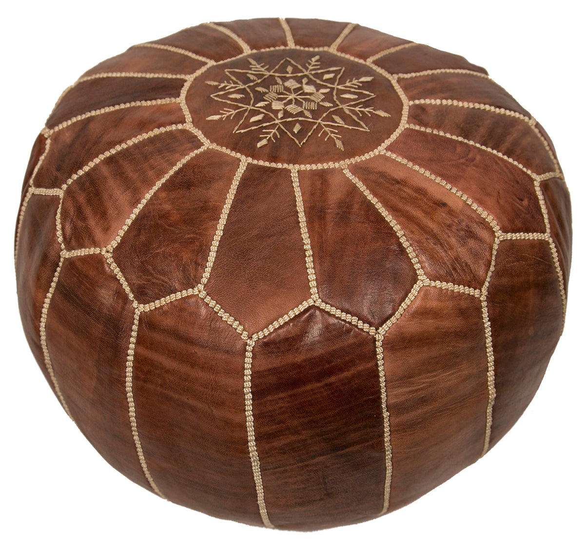 Embroidered Leather Pouf, Chestnut